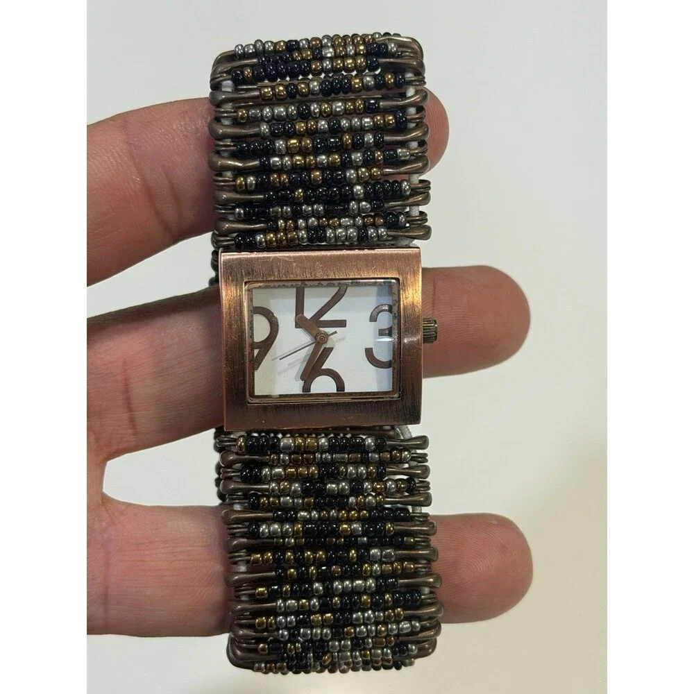 Vintage Copper Tone Square Face Watch Beaded Safety Pin Stretch Cuff New Battery